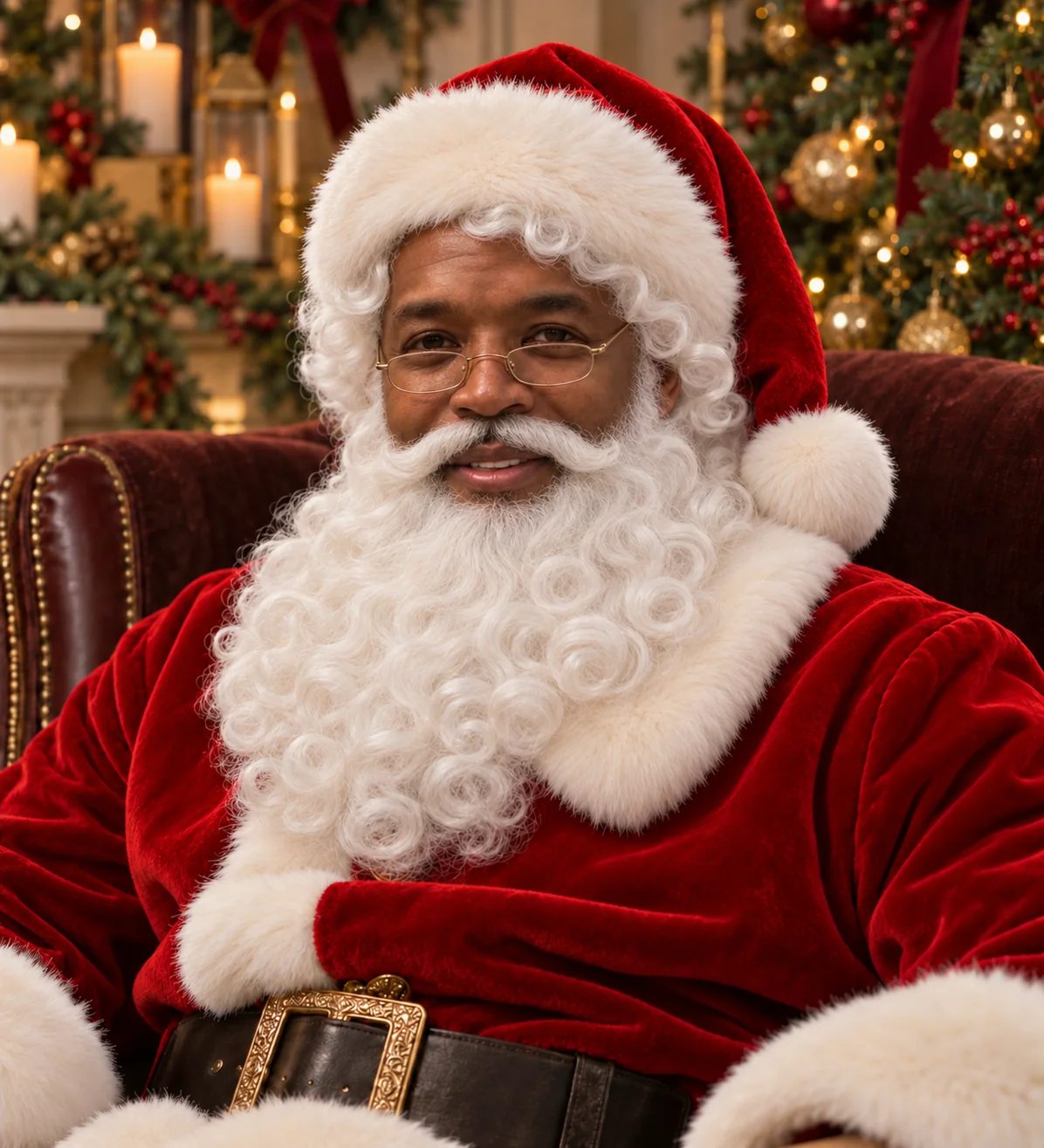 A close portrait of Black Santa in his red suit