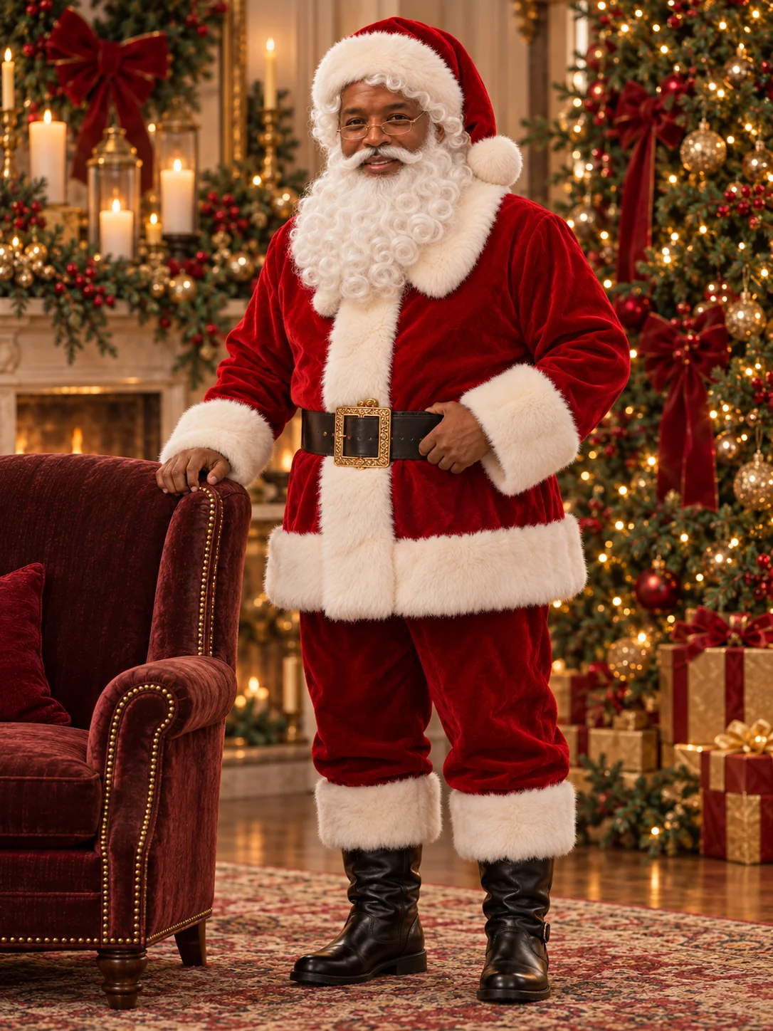 Black Santa standing beside the Christmas tree