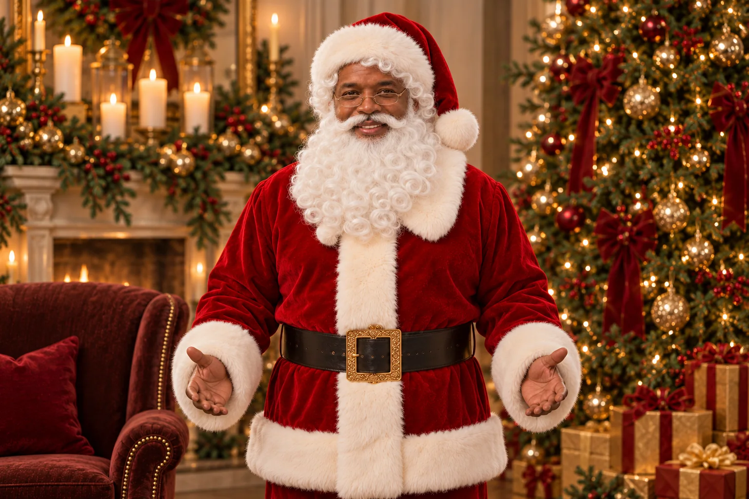 Black Santa welcomes families into a festive Christmas setting