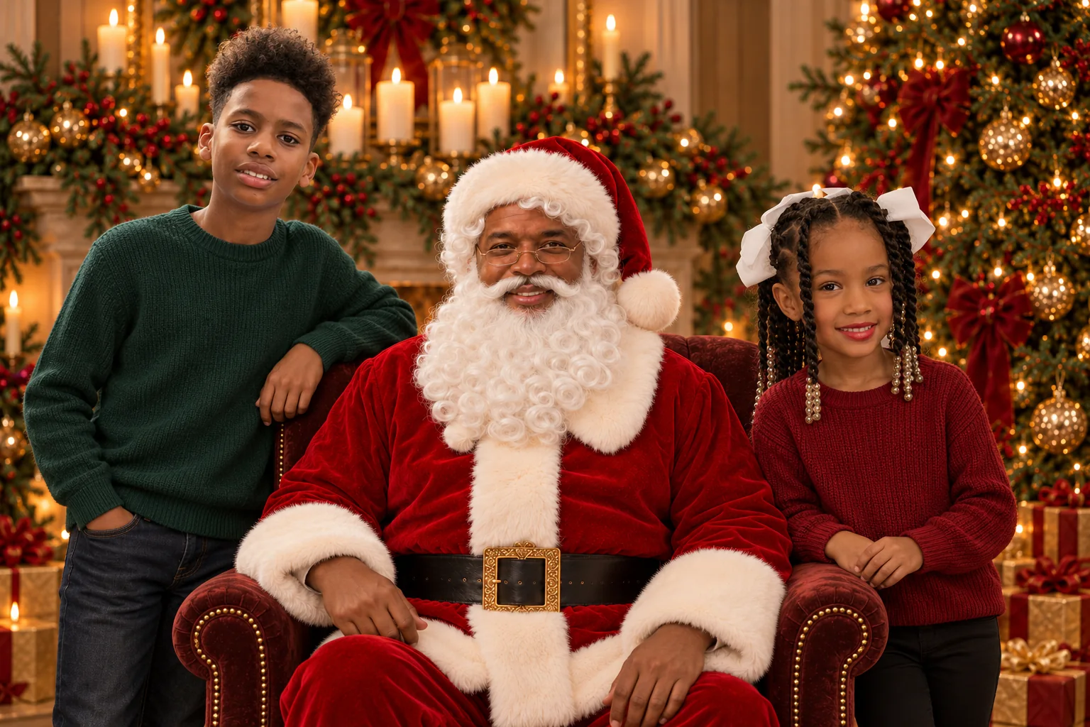 Black Santa seated with two children for a holiday portrait