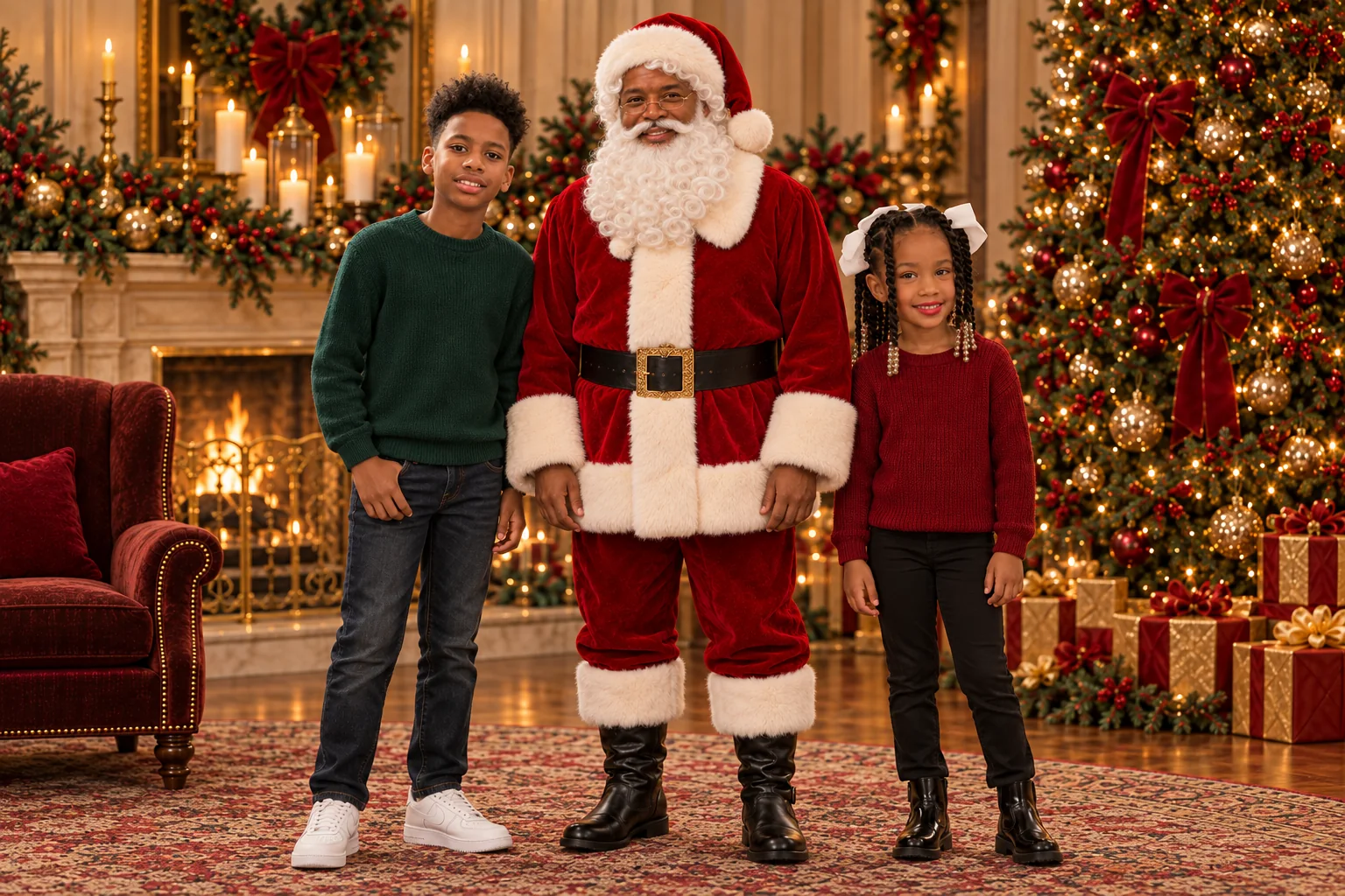 Santa standing between two children in the Christmas setting