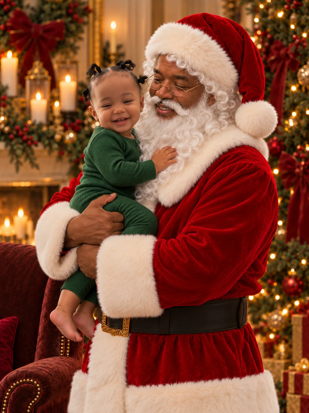 Santa standing with two children in Christmas colors