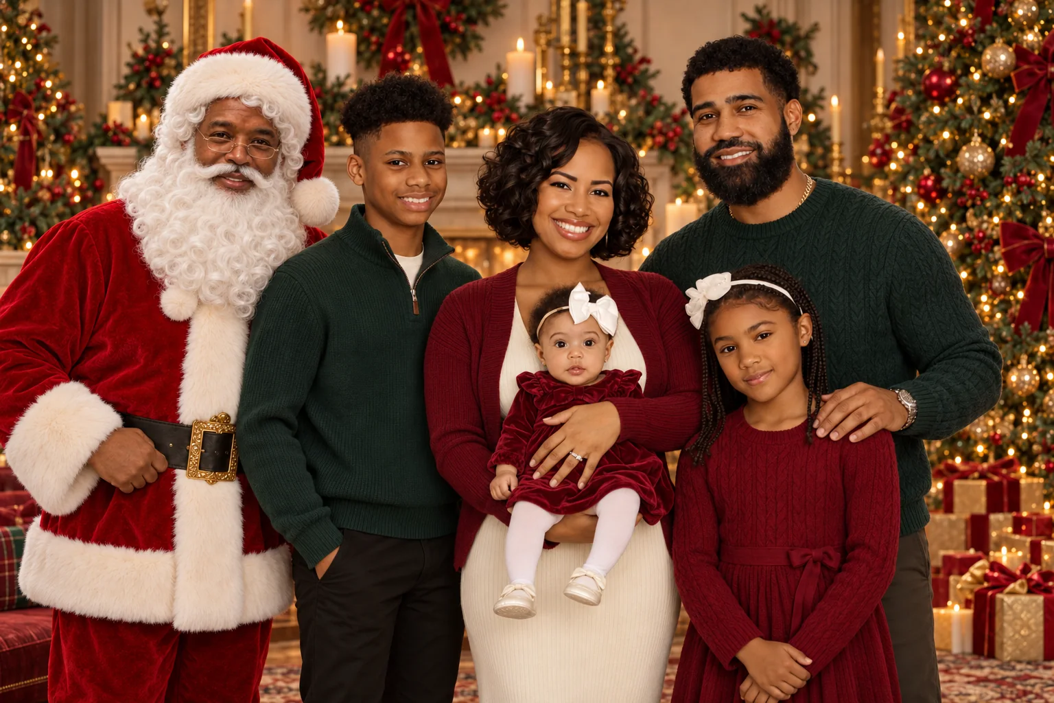 Family smiling with Santa beside the Christmas tree
