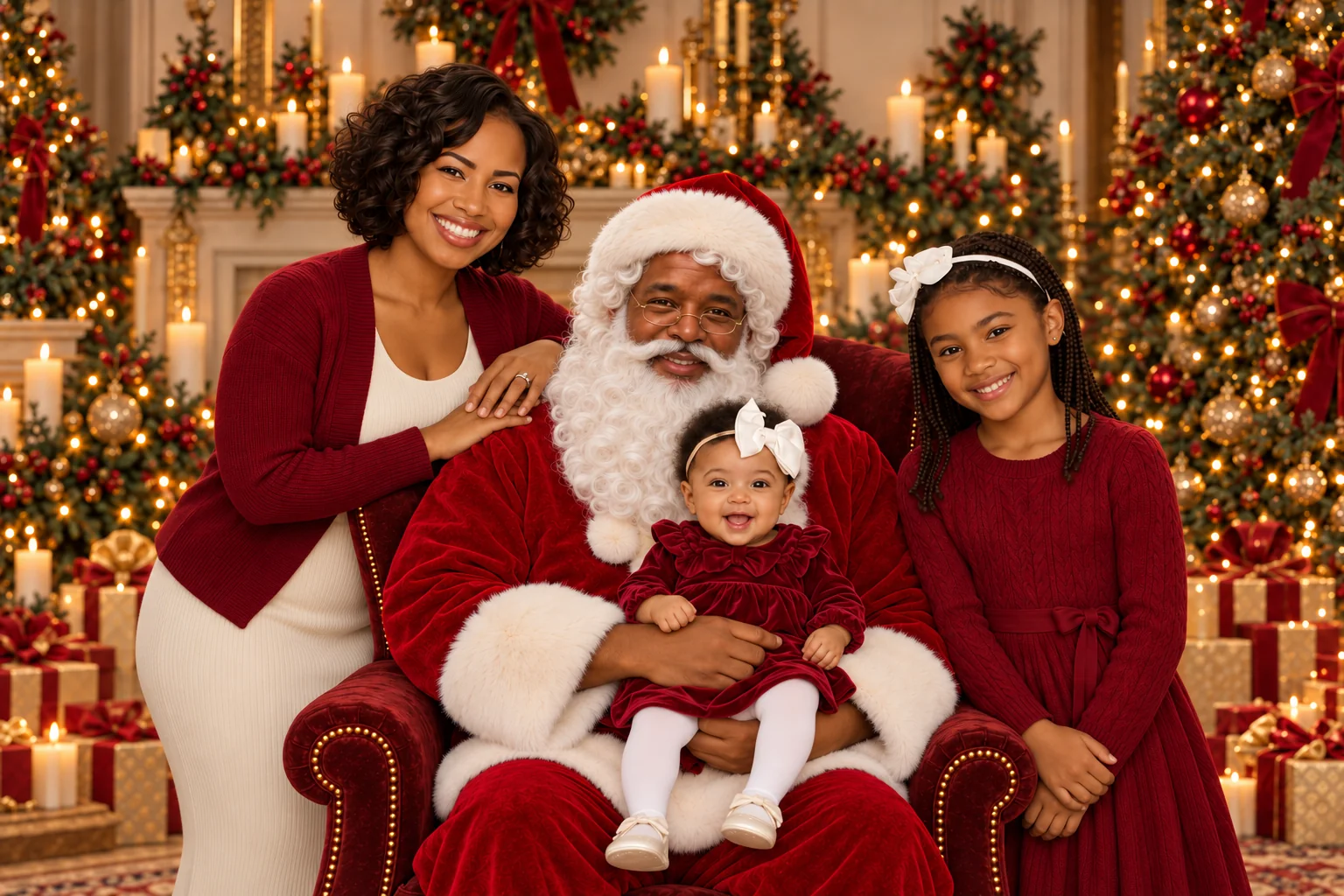Santa with a mother, daughter, and baby